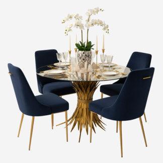 Estonia Round Glass Dining Table, Antique Gold