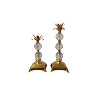 Crystal Metal Candle holder Set of 2, Gold & Glass