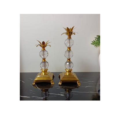 Crystal Metal Candle holder Set of 2, Gold & Glass